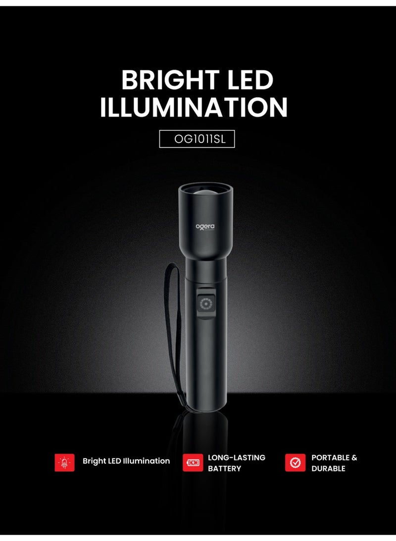 أوجيرا كشاف LED قابل لإعادة الشحن | كشاف صغير ببطارية 1AA | فائق السطوع ومحمول | طويل العمر | مقاوم للماء | كشاف جيب للطوارئ والاستخدام الخارجي | ضمان سنتين | OG1011SL | أسود - Image 1